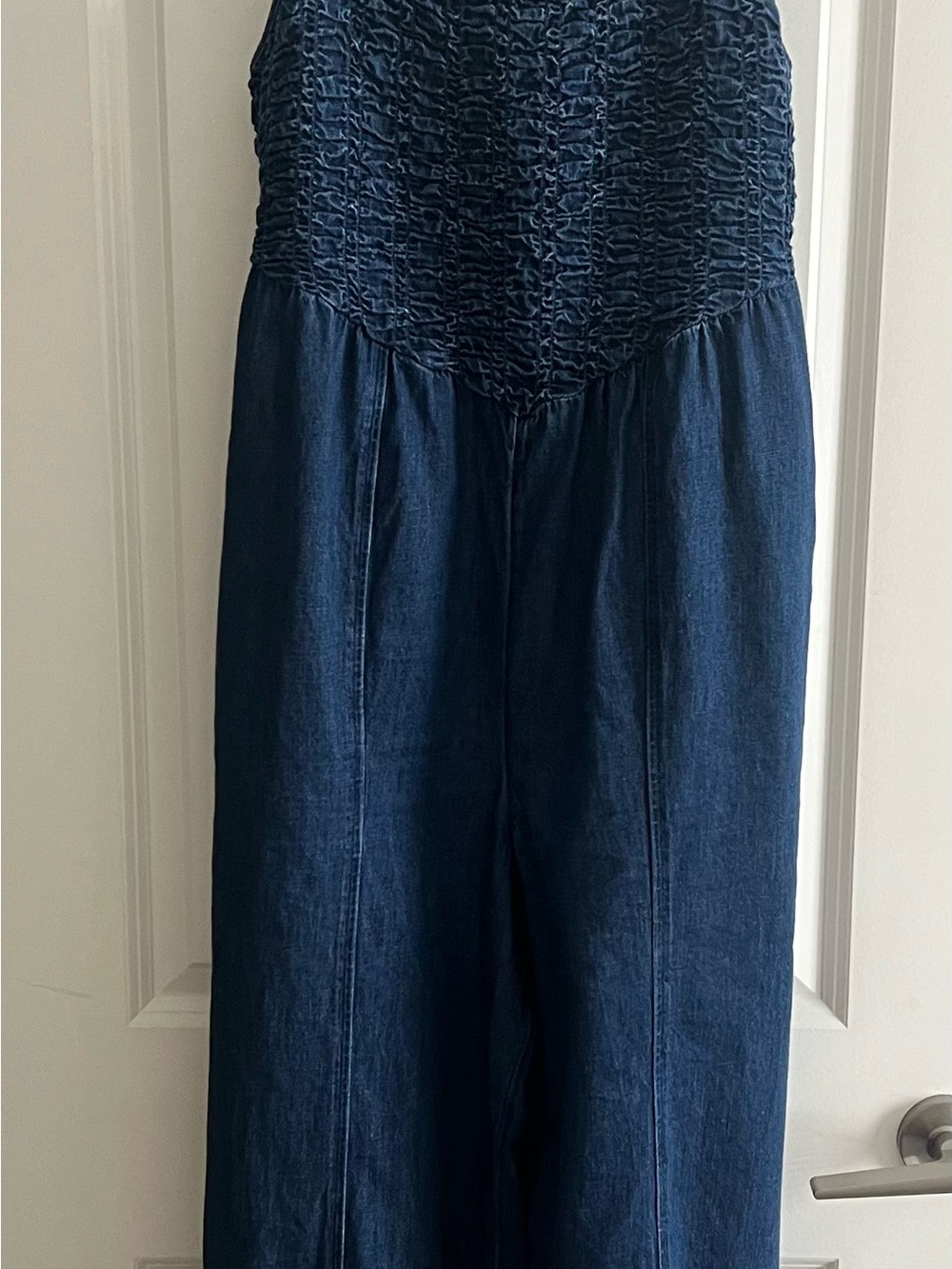 American Eagle Outfitters Dark Blue Smocked Denim Jumpsuit